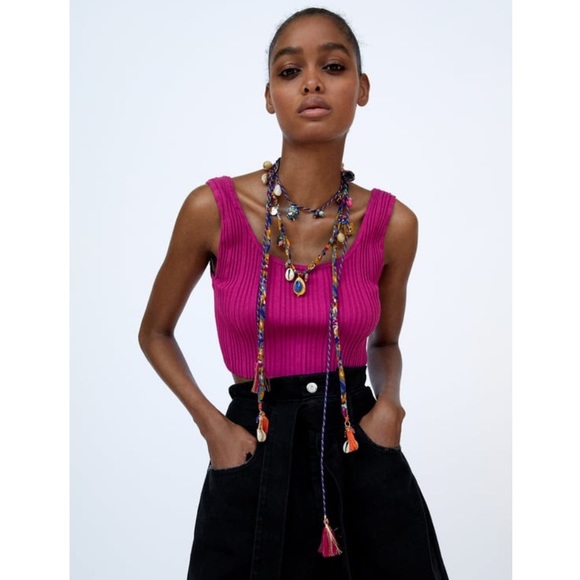 LIKE NEW ZARA Set of Pink Fucsia Crop Top and Shorts Ribbed Seamless Stretchy - Picture 3 of 7